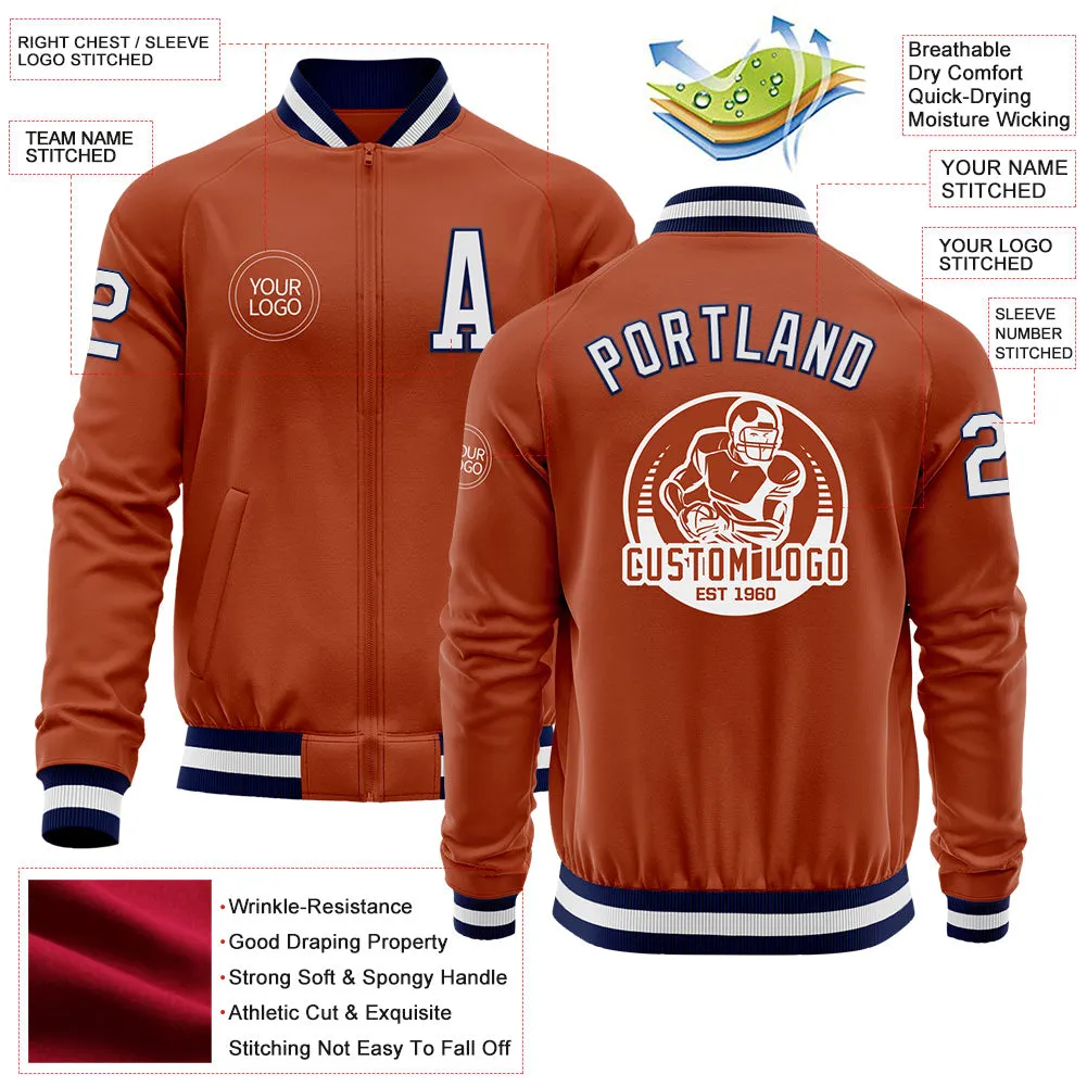Custom Texas Orange White-Navy Bomber Varsity Letterman Zipper Jacket