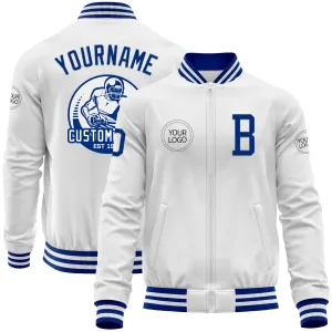 Custom White Royal Bomber Varsity Letterman Zipper Jacket