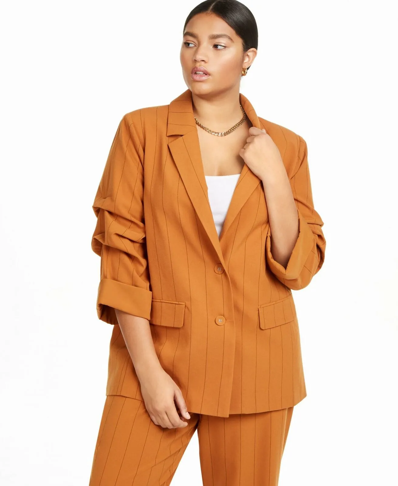 Danielle Bernstein Plus Size Pinstripe Blazer With Ruched Sleeves
