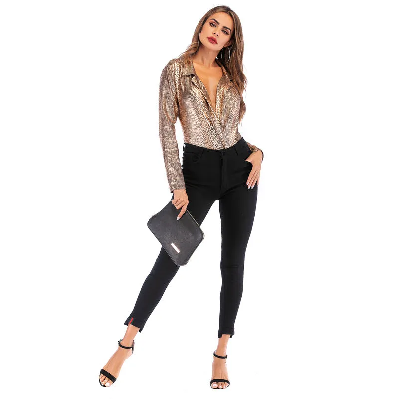 Deep V Leopard Jumpsuit Slim Long Sleeve T-shirt