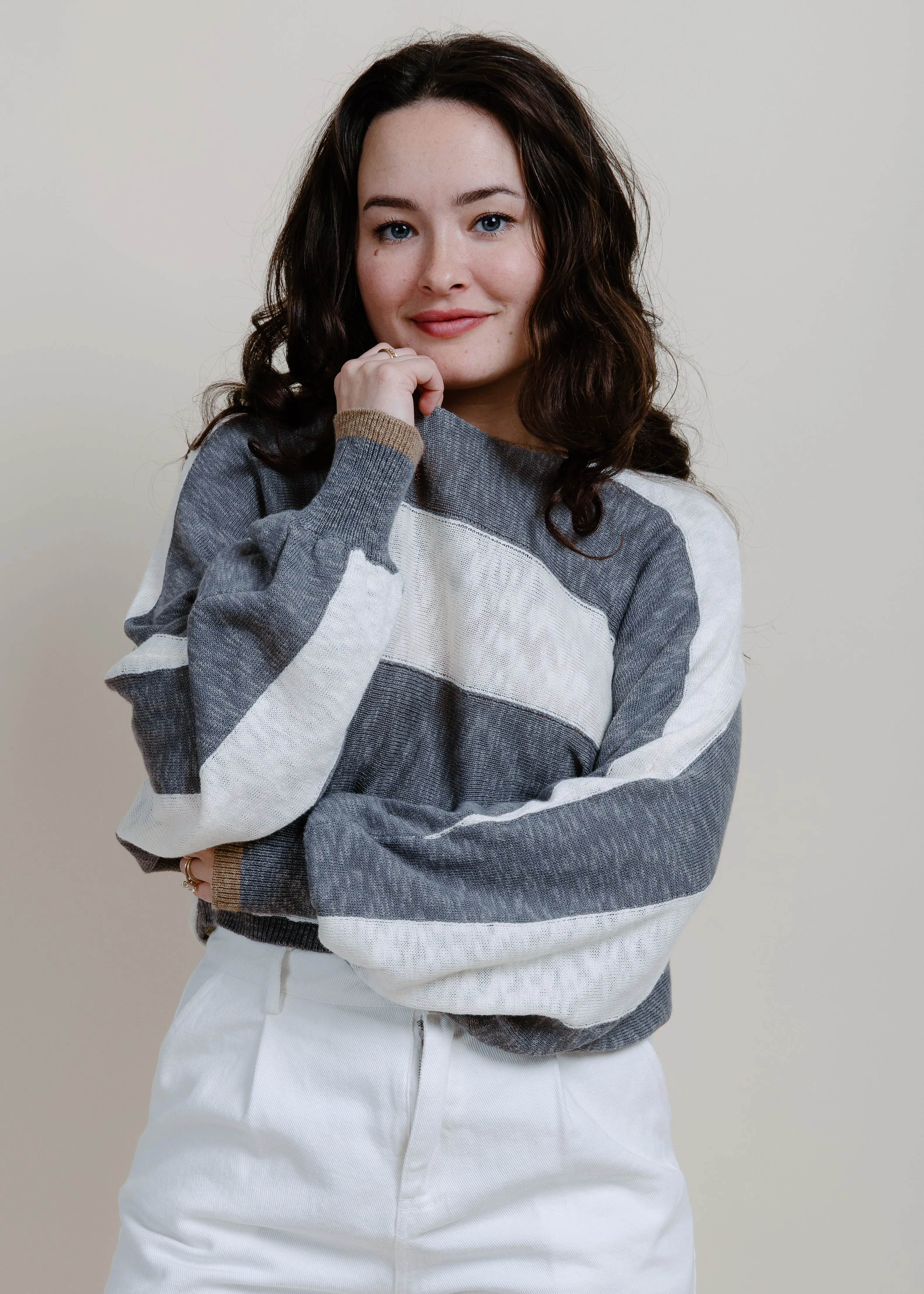 Delanie Striped Top - Cream Grey