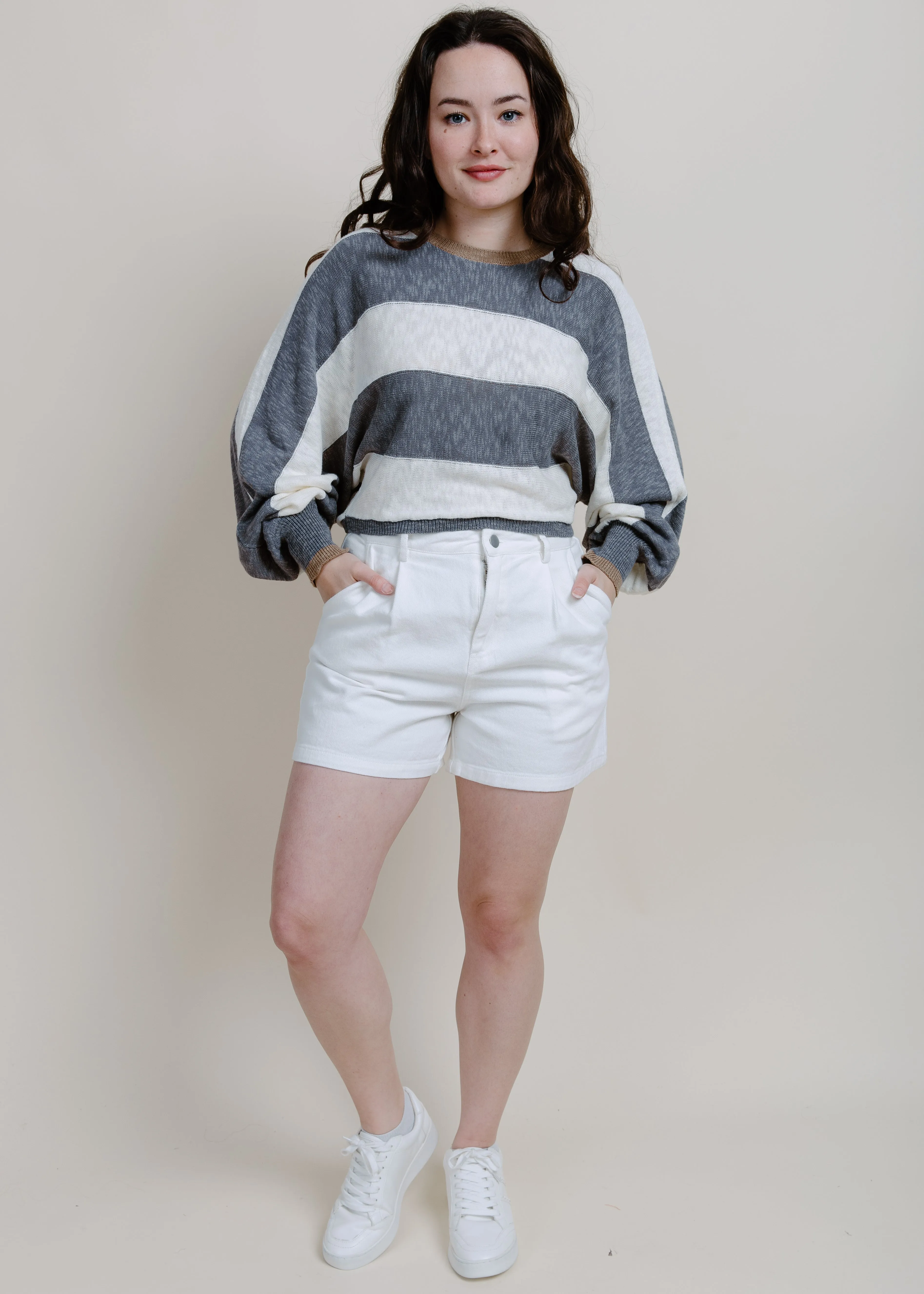 Delanie Striped Top - Cream Grey