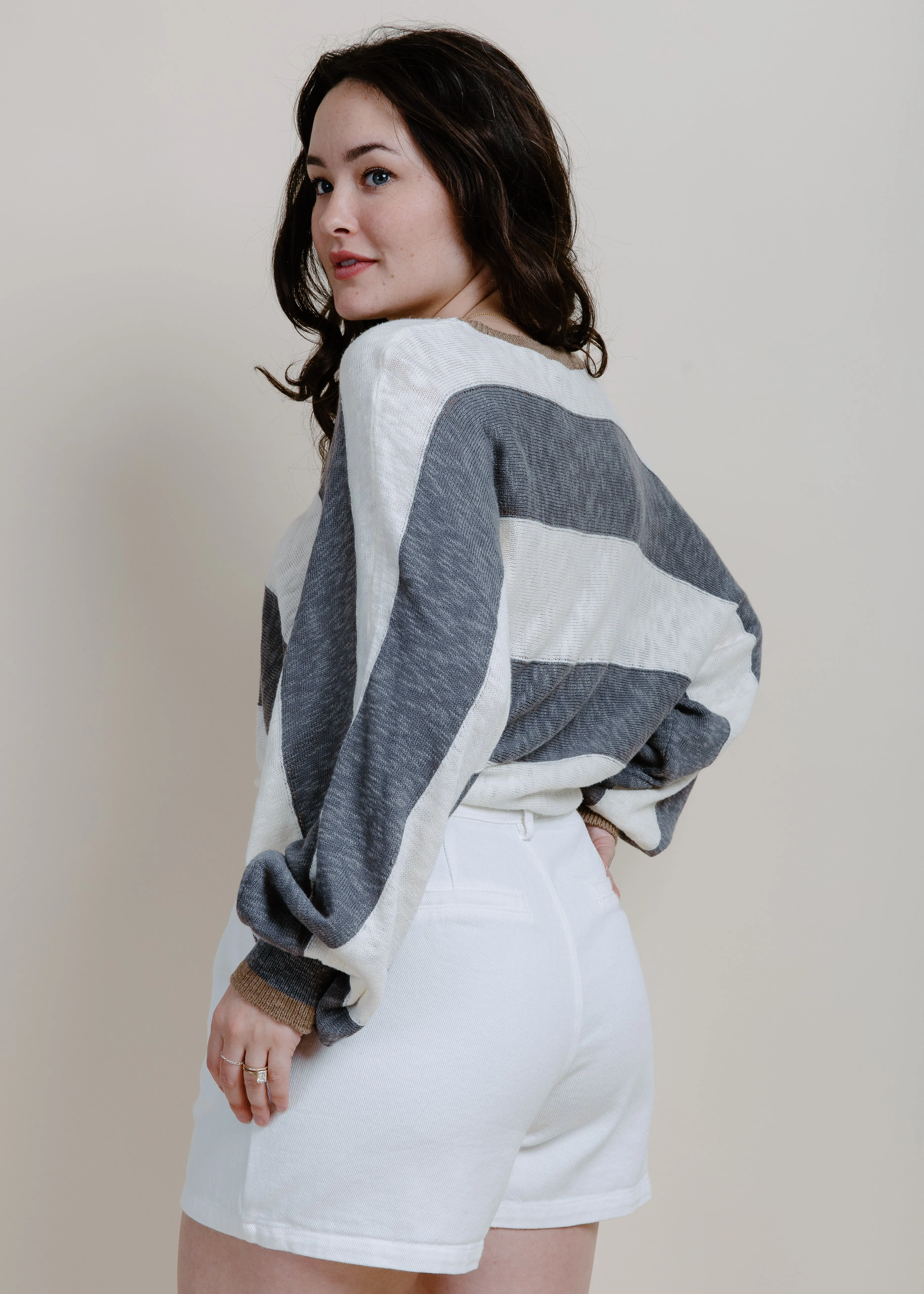 Delanie Striped Top - Cream Grey