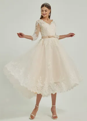 Diamond White/Champagne Lace A-Line 3/4 Sleeve High Low Wedding Dress