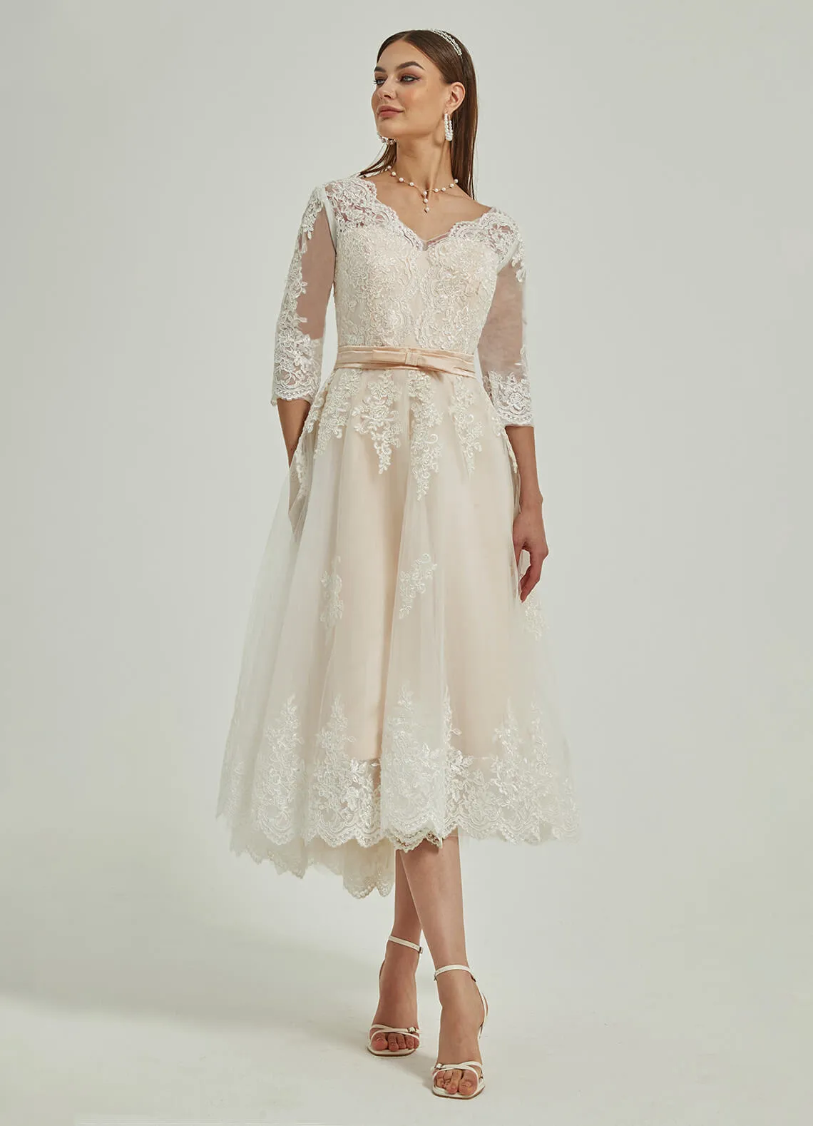 Diamond White/Champagne Lace A-Line 3/4 Sleeve High Low Wedding Dress