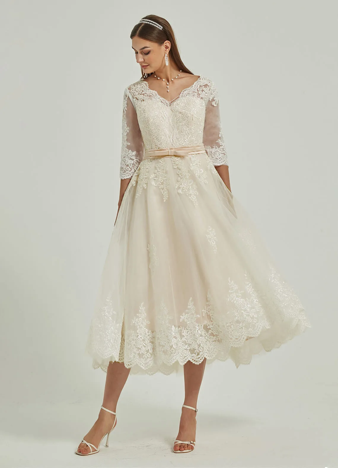 Diamond White/Champagne Lace A-Line 3/4 Sleeve High Low Wedding Dress