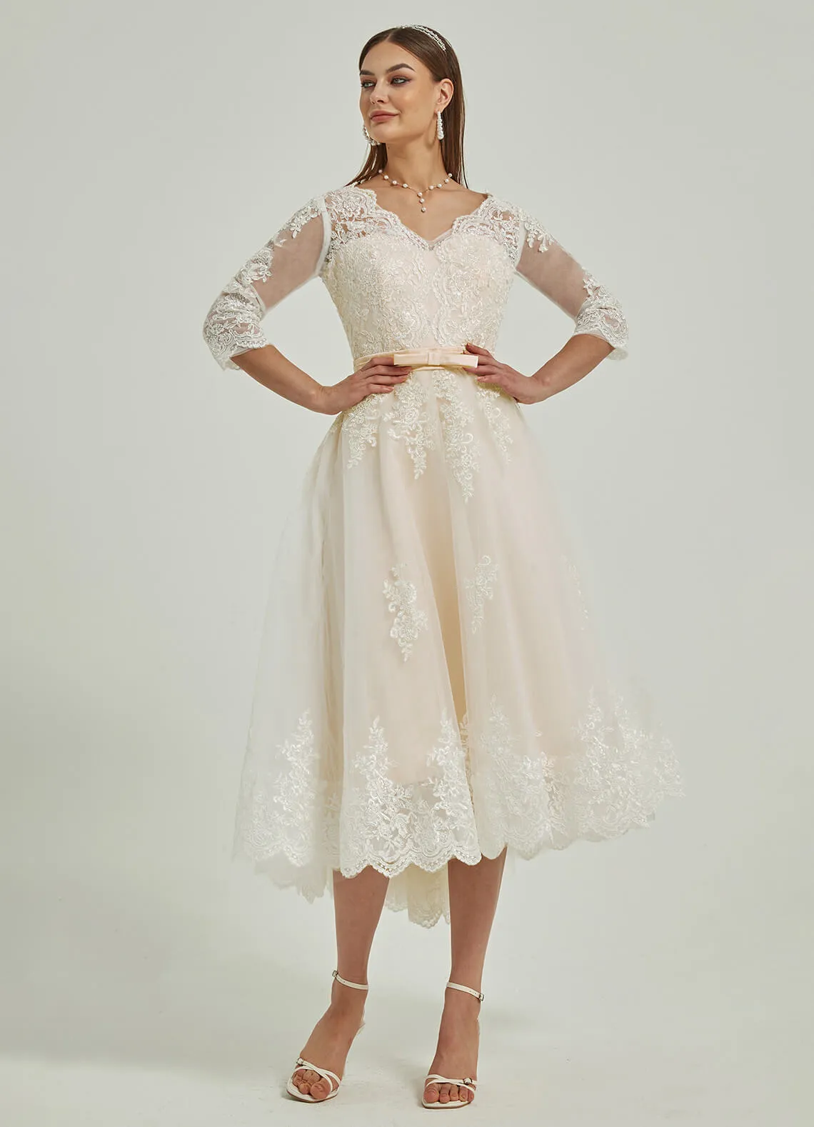 Diamond White/Champagne Lace A-Line 3/4 Sleeve High Low Wedding Dress