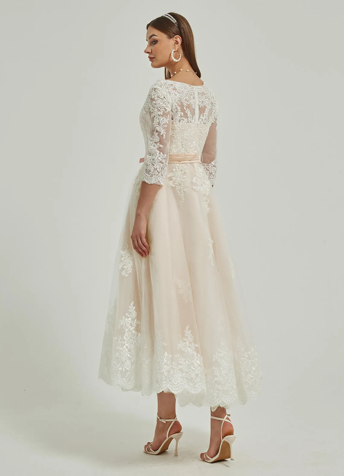 Diamond White/Champagne Lace A-Line 3/4 Sleeve High Low Wedding Dress