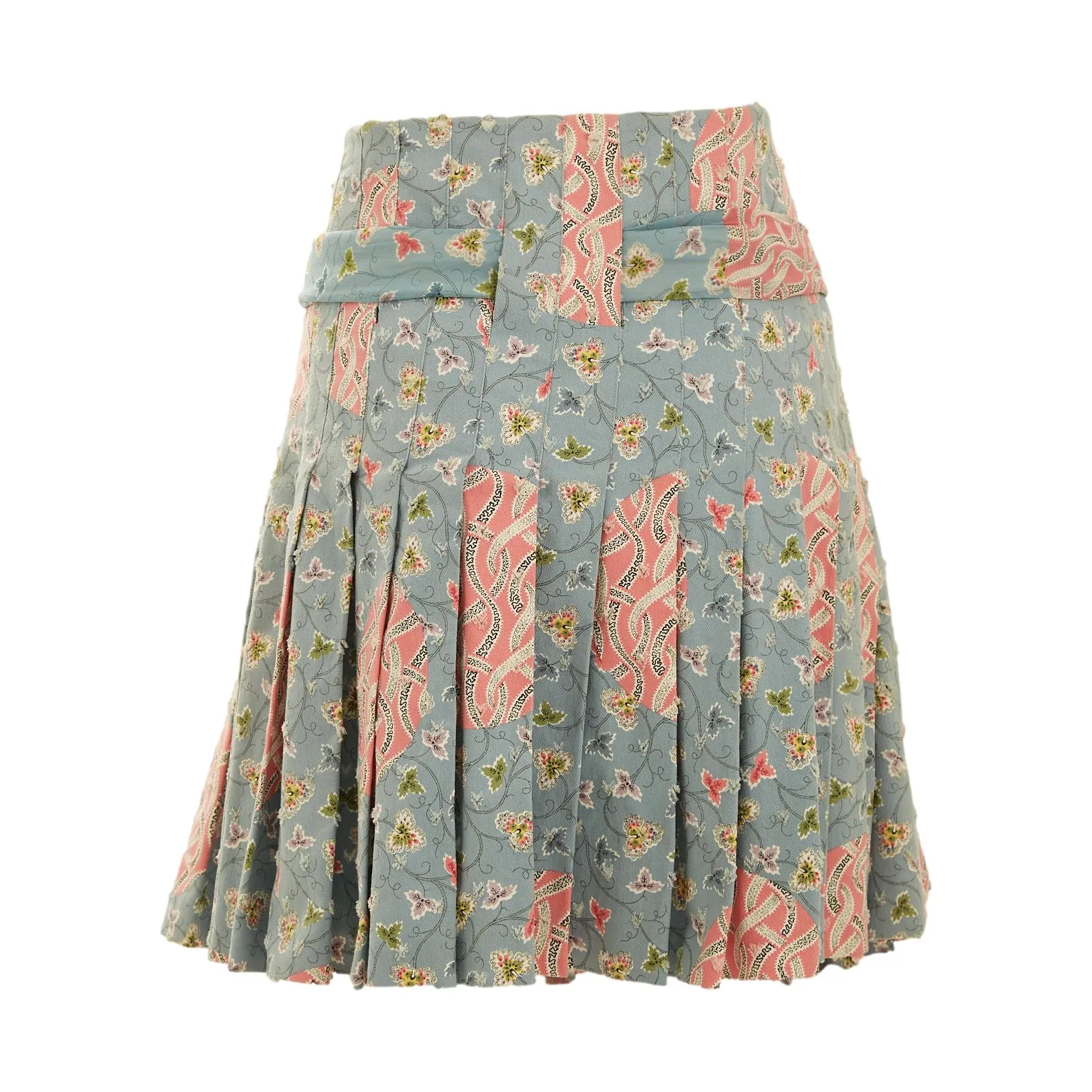 Dior Blue Floral Print Distressed Pleated Skirt