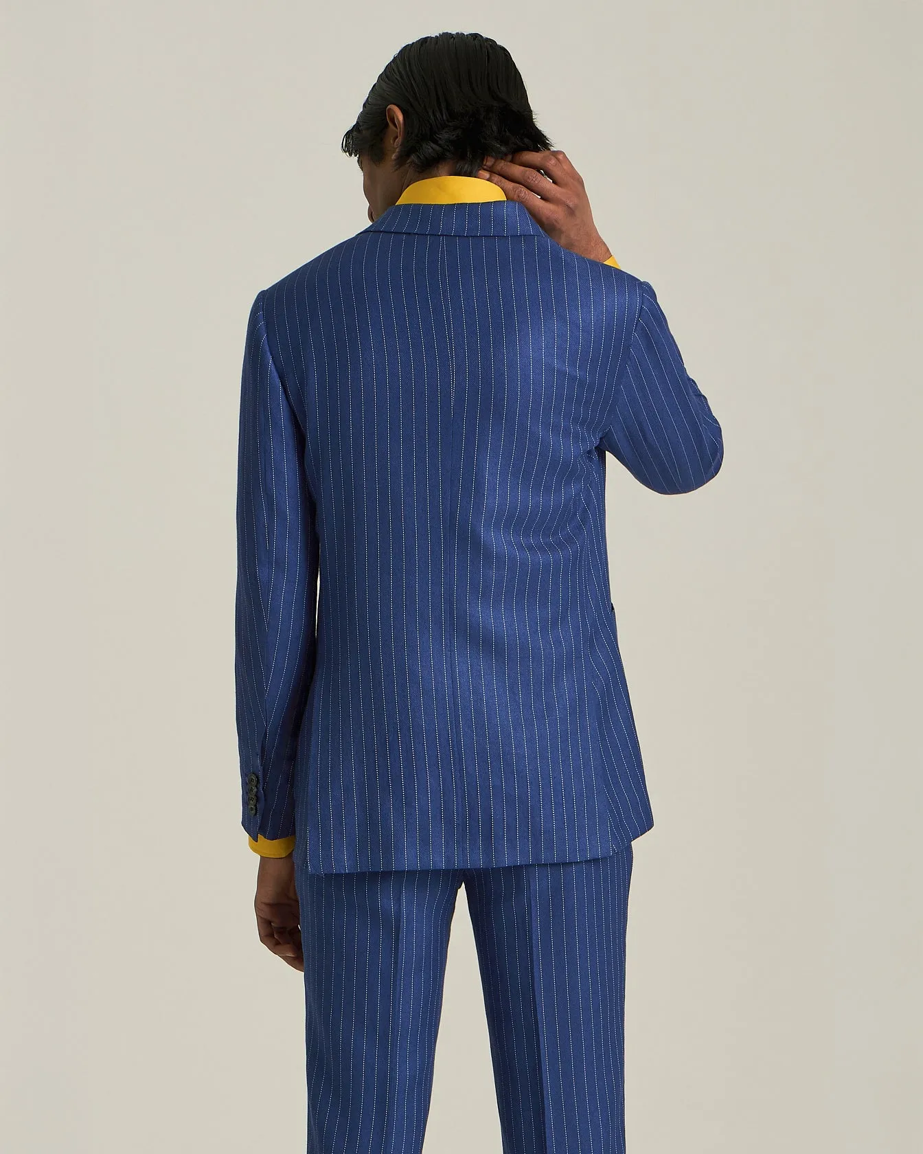 DOUBLE-BREASTED CASHMERE AND LINEN PINSTRIPE SUIT