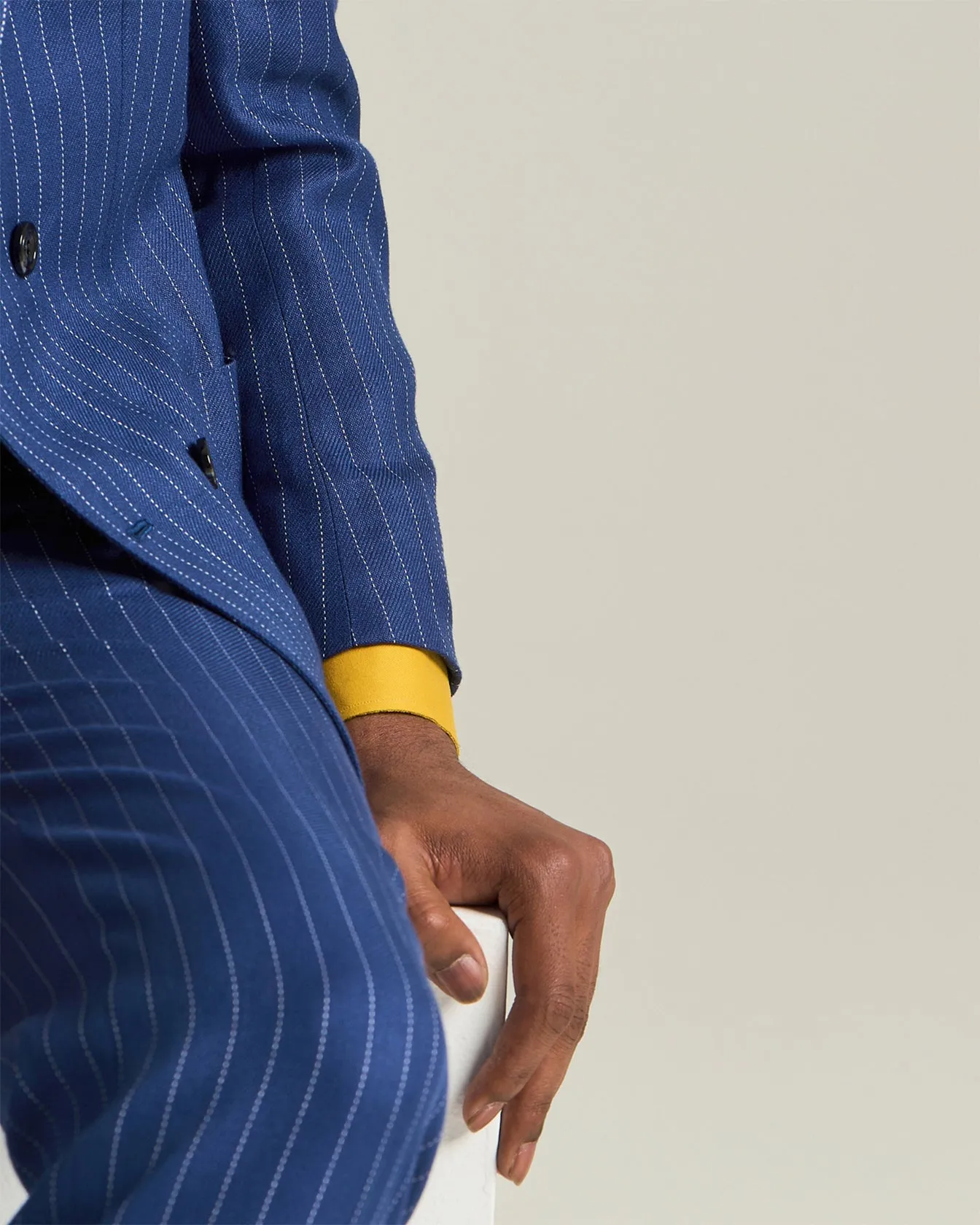 DOUBLE-BREASTED CASHMERE AND LINEN PINSTRIPE SUIT