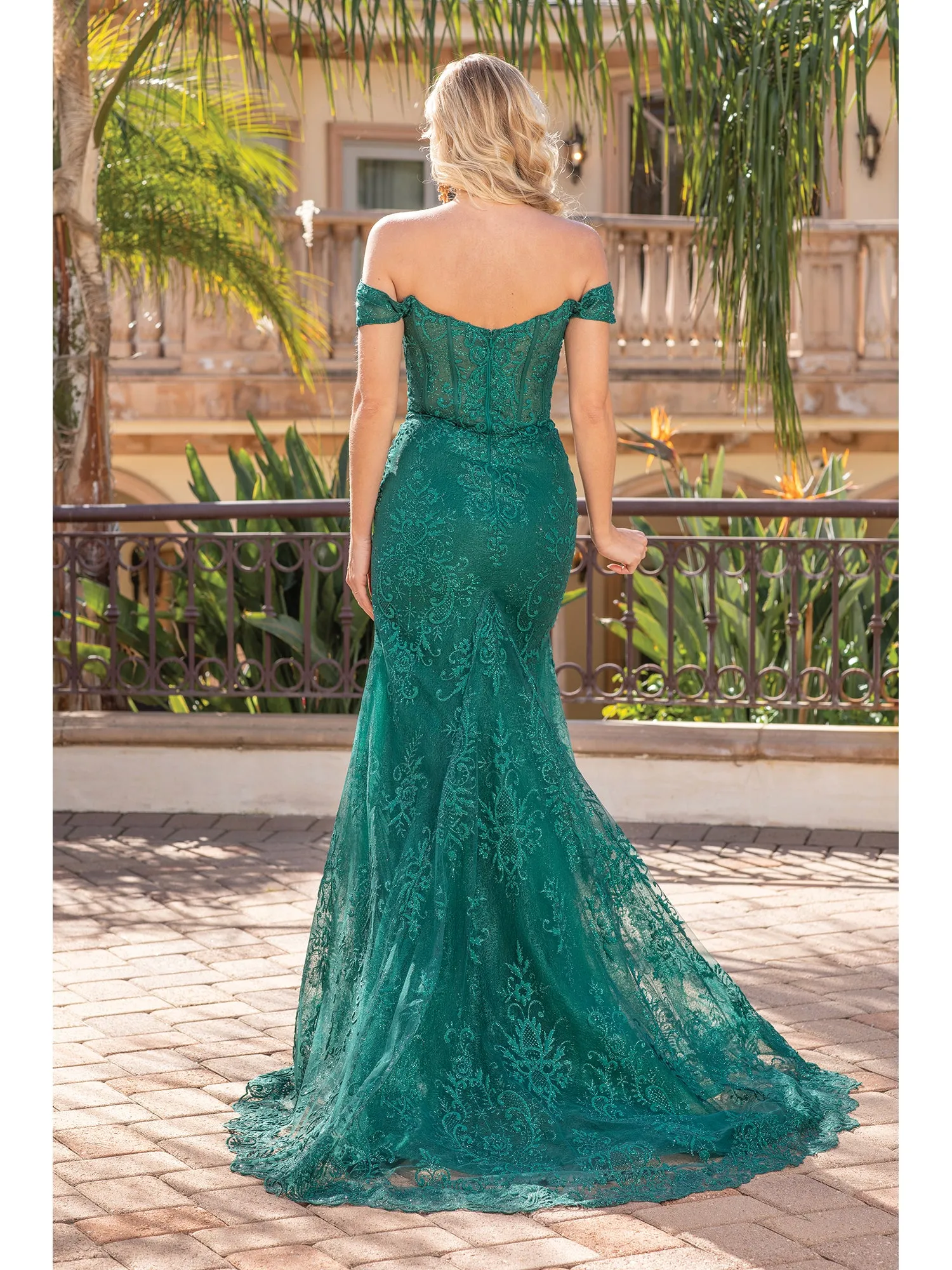 DQ 4332 - Glitter Pattern Off the Shoulder Fit & Flare Prom Gown with Sheer Boned Bodice & Leg Slit
