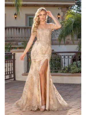DQ 4332 - Glitter Pattern Off the Shoulder Fit & Flare Prom Gown with Sheer Boned Bodice & Leg Slit