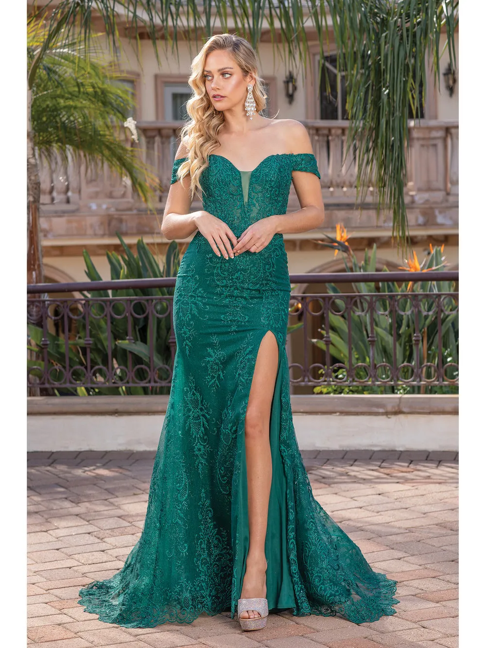DQ 4332 - Glitter Pattern Off the Shoulder Fit & Flare Prom Gown with Sheer Boned Bodice & Leg Slit