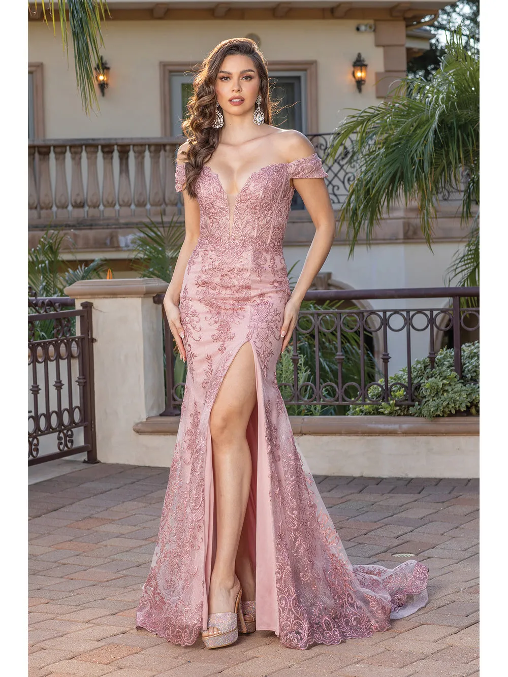 DQ 4332 - Glitter Pattern Off the Shoulder Fit & Flare Prom Gown with Sheer Boned Bodice & Leg Slit