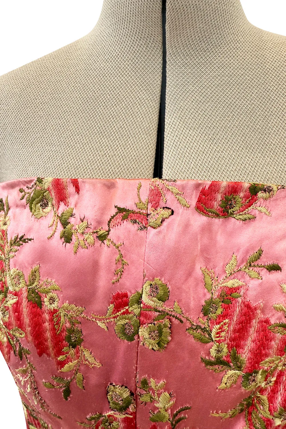 Dreamy 1960s Unlabeled Strapless Black Dress w Front Pink Panel &  Floral Embroidery
