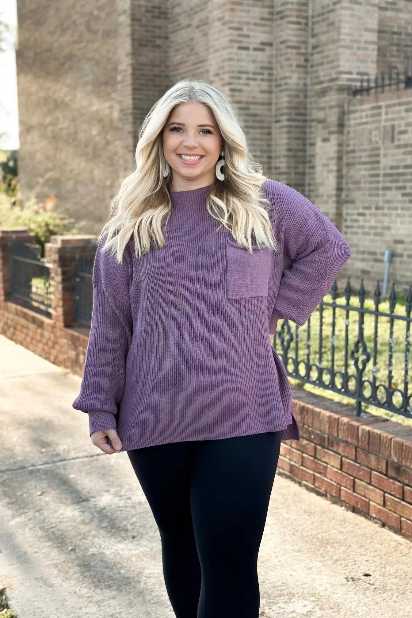 Dusty Purple Long Sleeve Knit Pocket Sweater *Final Sale*