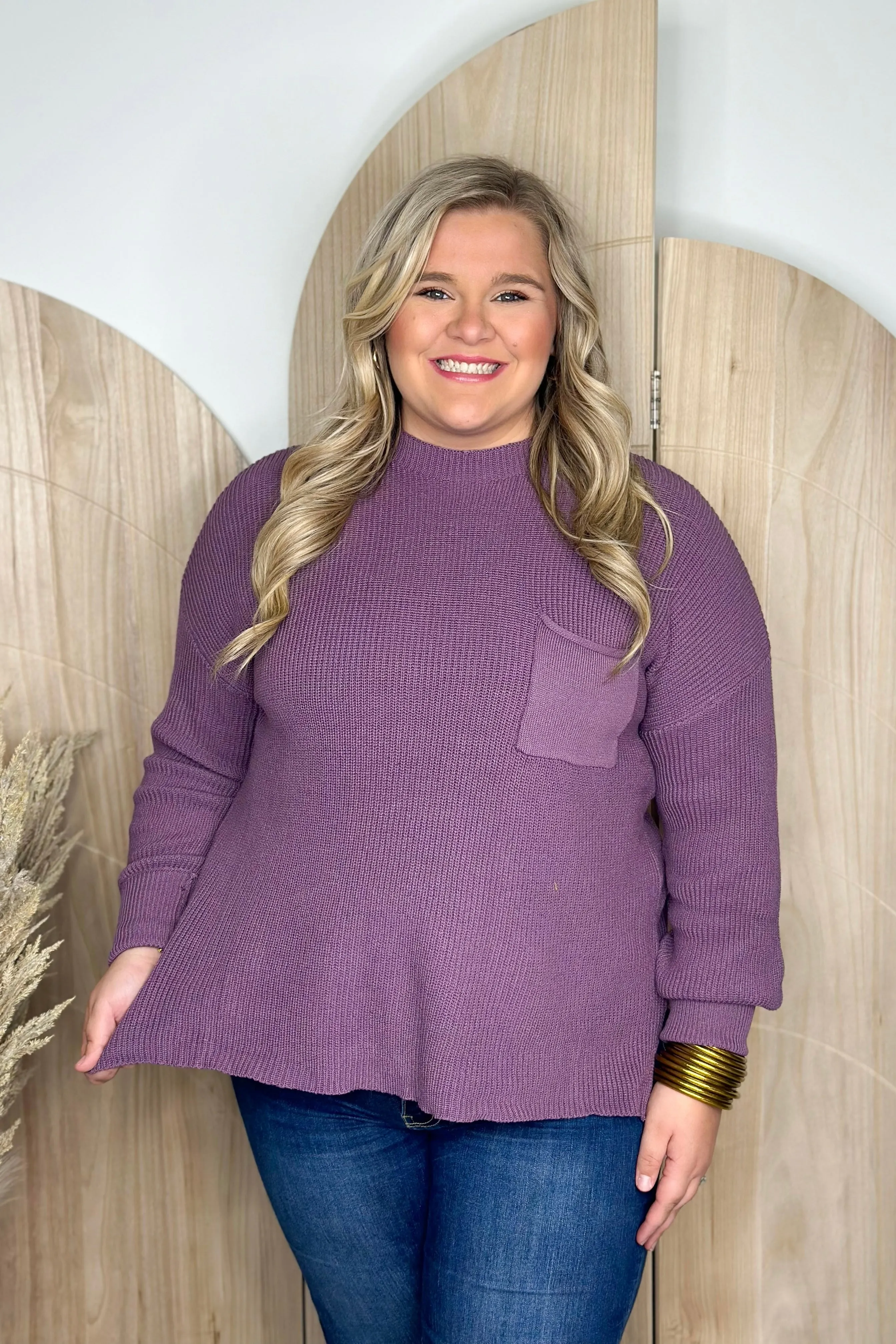 Dusty Purple Long Sleeve Knit Pocket Sweater *Final Sale*