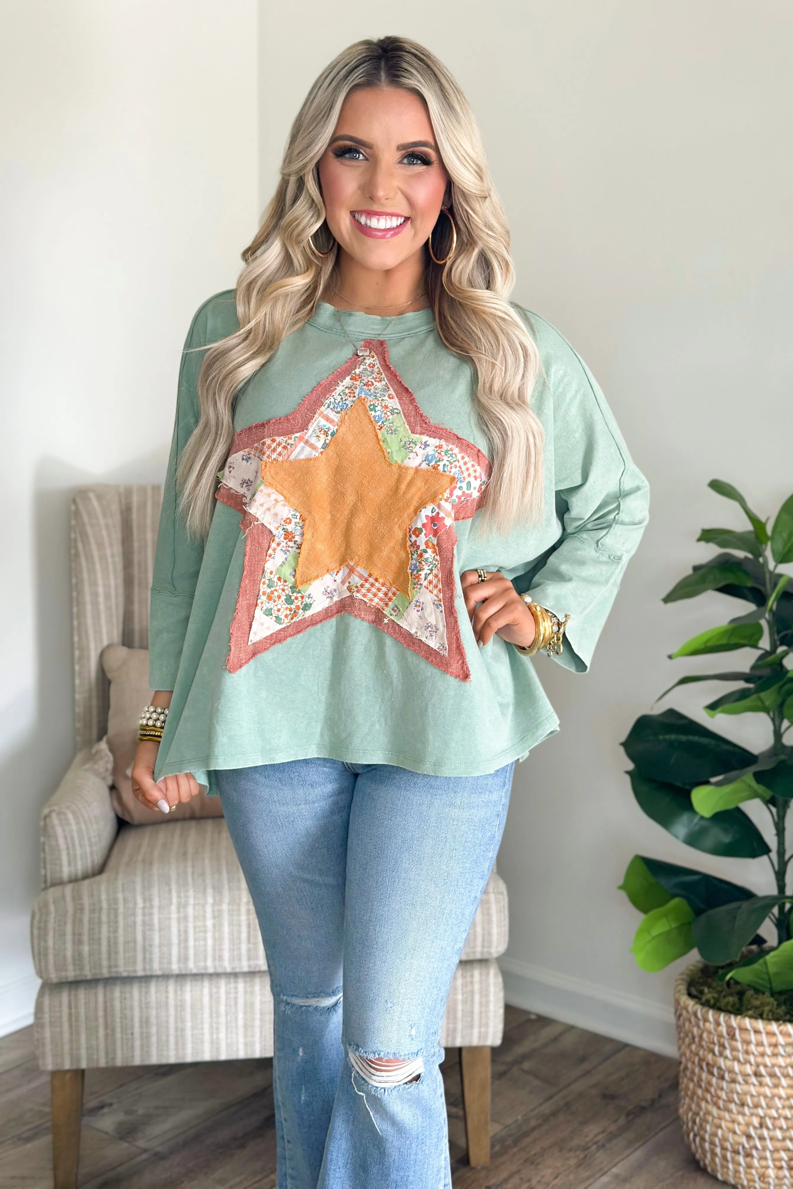 Dusty Sage Half Sleeve Star Patch Top
