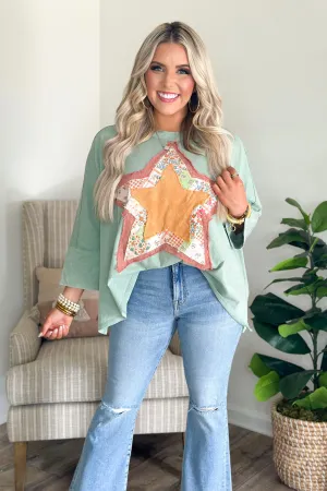 Dusty Sage Half Sleeve Star Patch Top