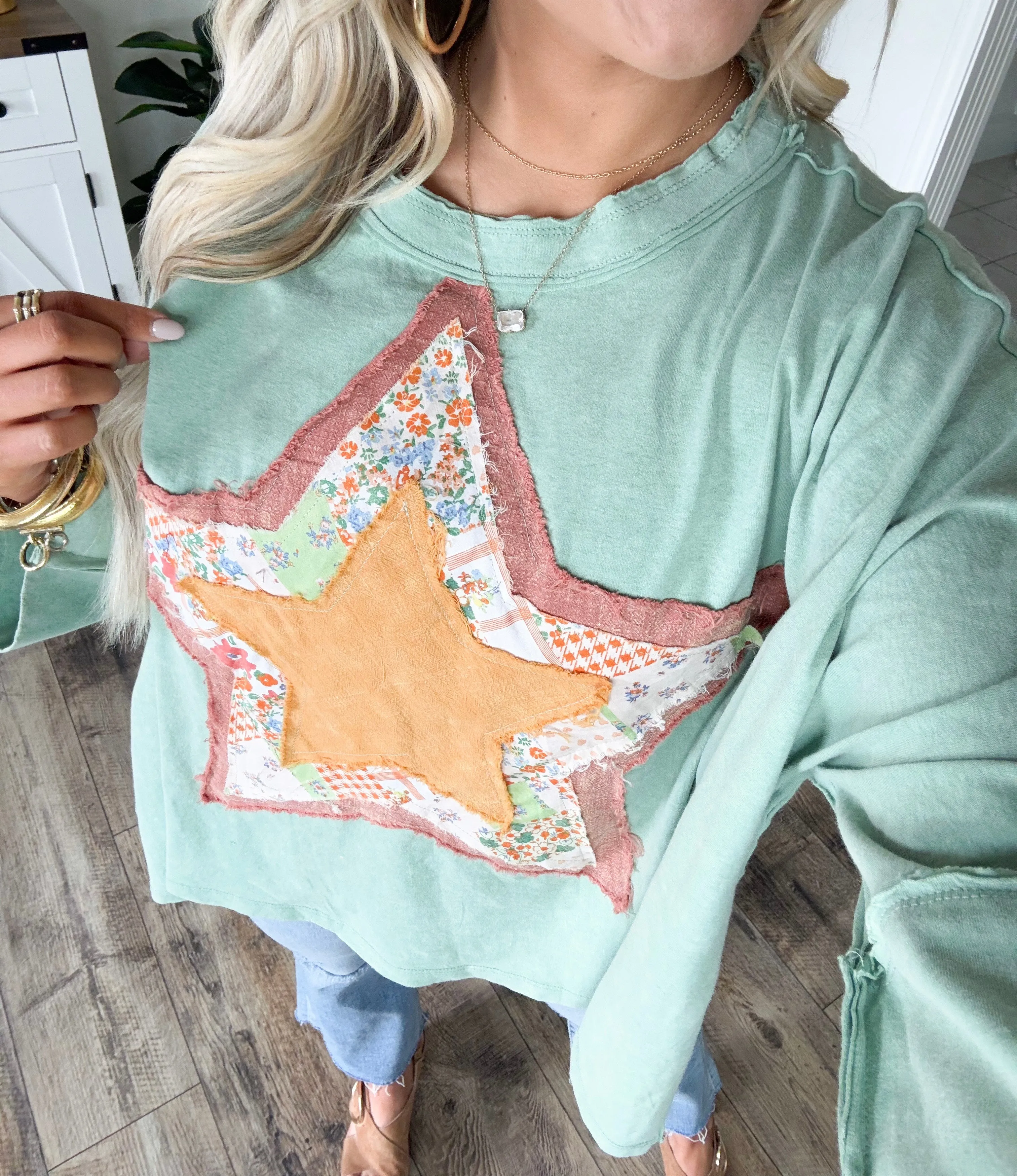 Dusty Sage Half Sleeve Star Patch Top