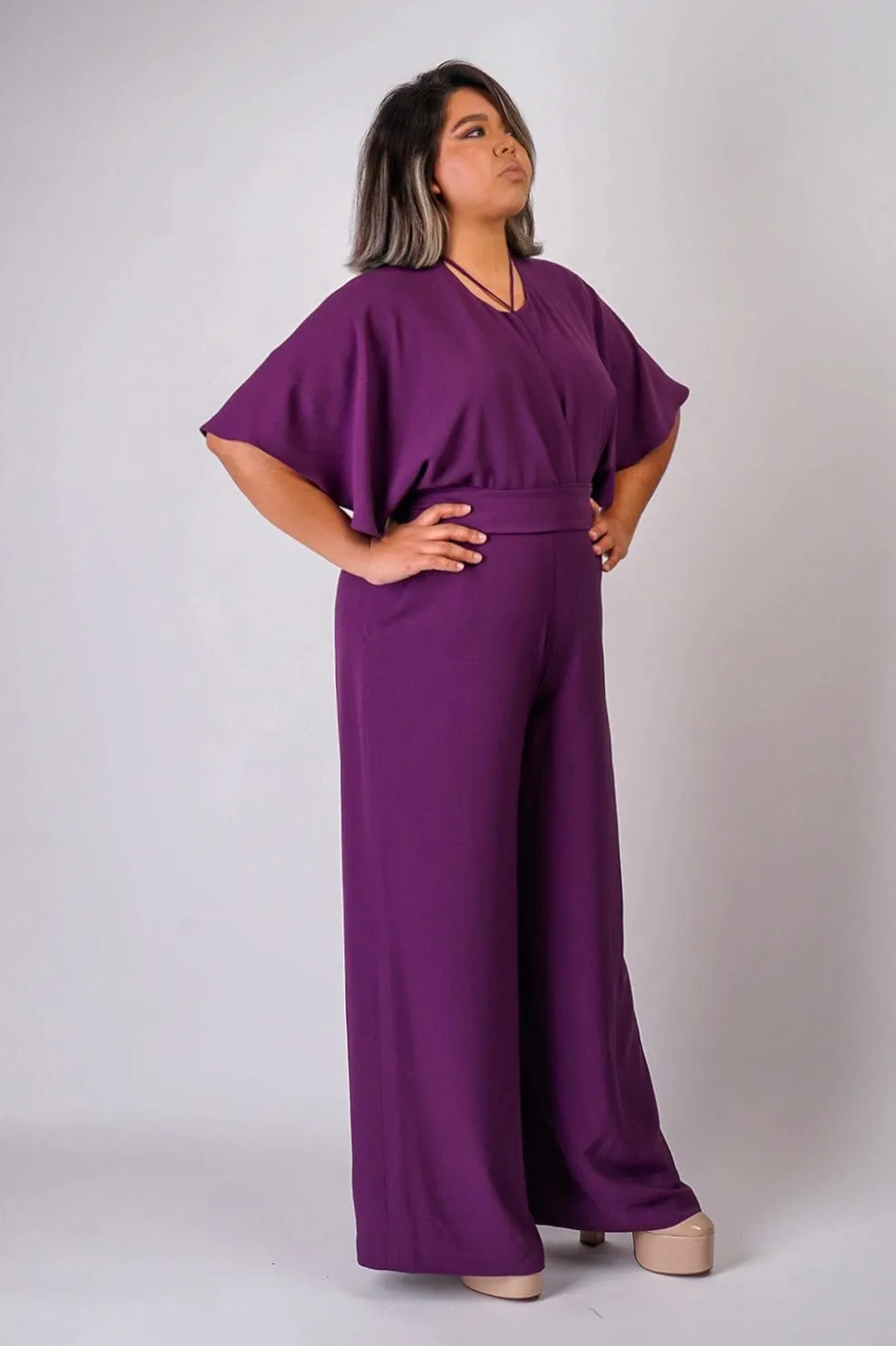 Eggplant Pleated Wrap Necee Jumpsuit