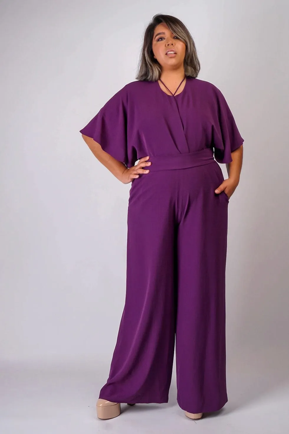 Eggplant Pleated Wrap Necee Jumpsuit