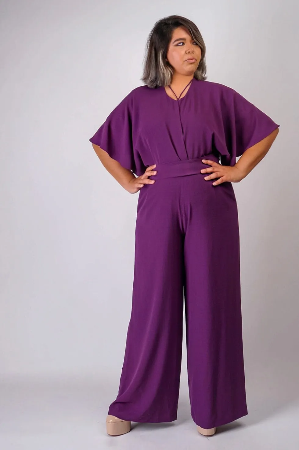Eggplant Pleated Wrap Necee Jumpsuit