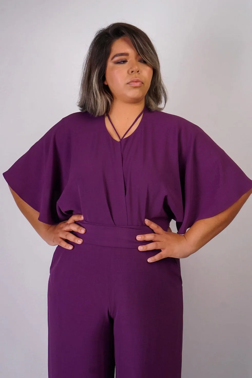 Eggplant Pleated Wrap Necee Jumpsuit