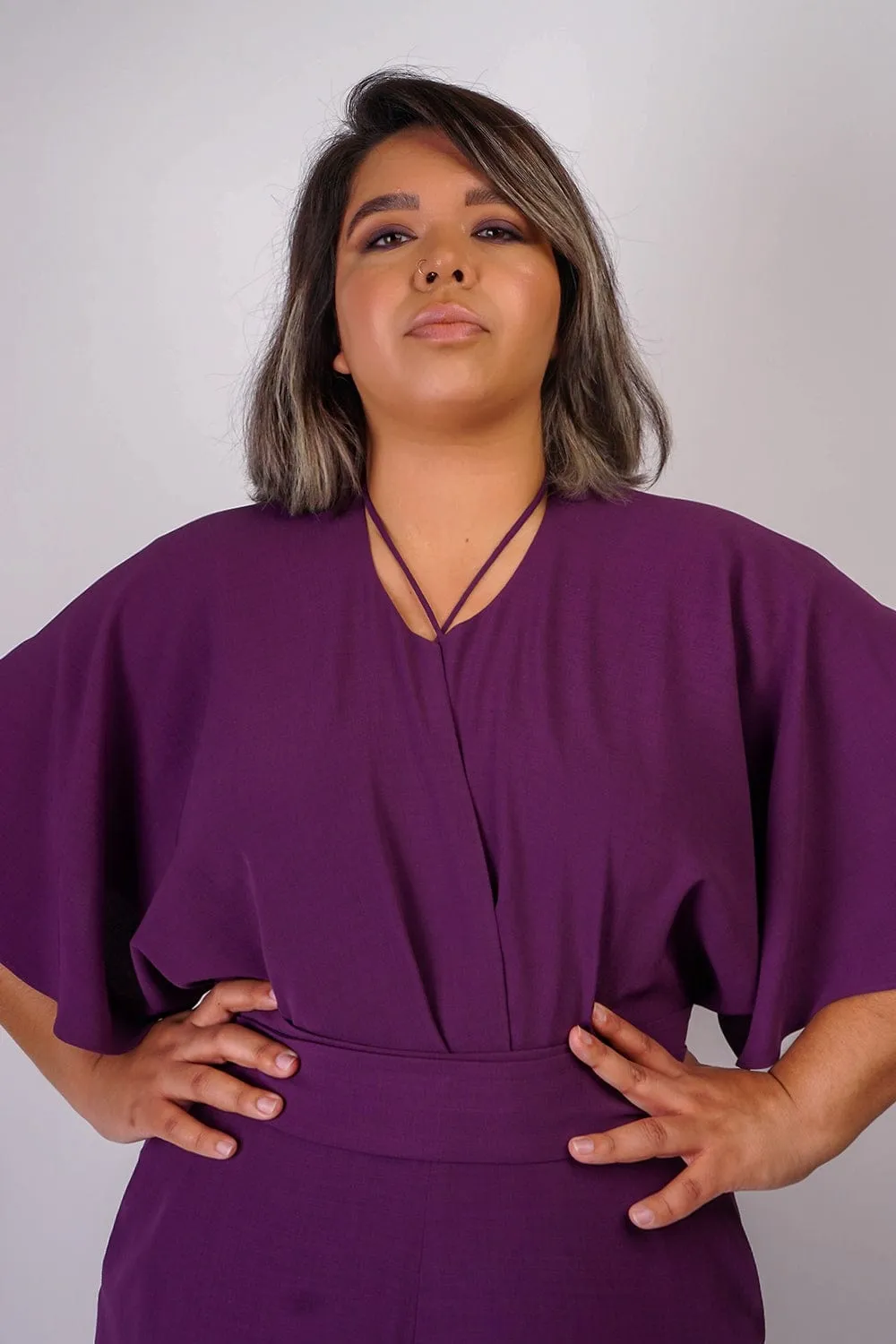 Eggplant Pleated Wrap Necee Jumpsuit