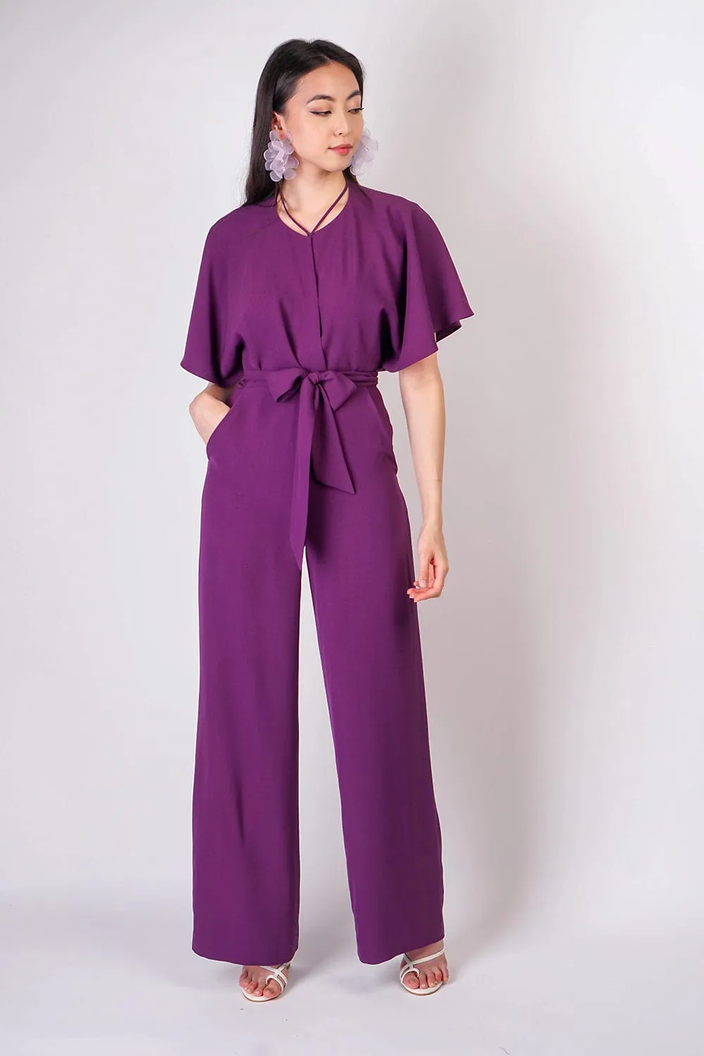 Eggplant Pleated Wrap Necee Jumpsuit