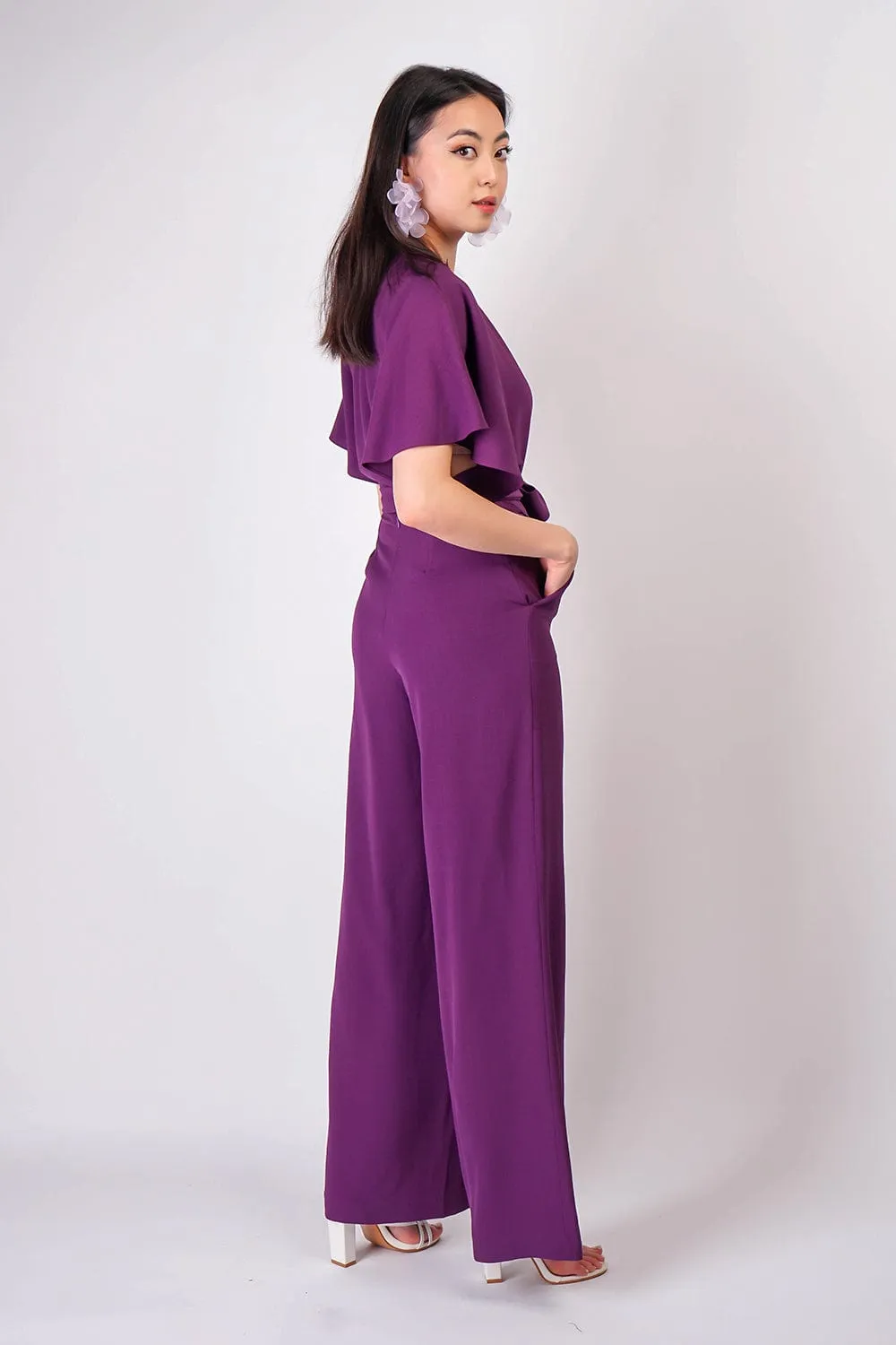 Eggplant Pleated Wrap Necee Jumpsuit
