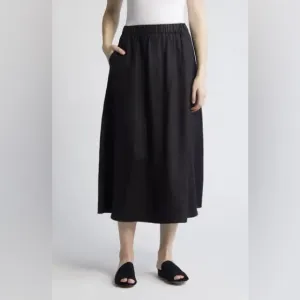 Eileen Fisher A-Line Organic Linen Midi Skirt Womens Size M Black