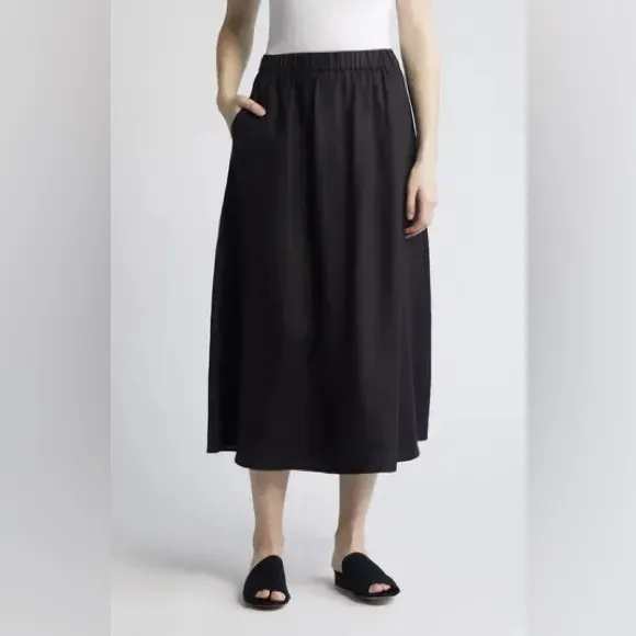 Eileen Fisher A-Line Organic Linen Midi Skirt Womens Size M Black