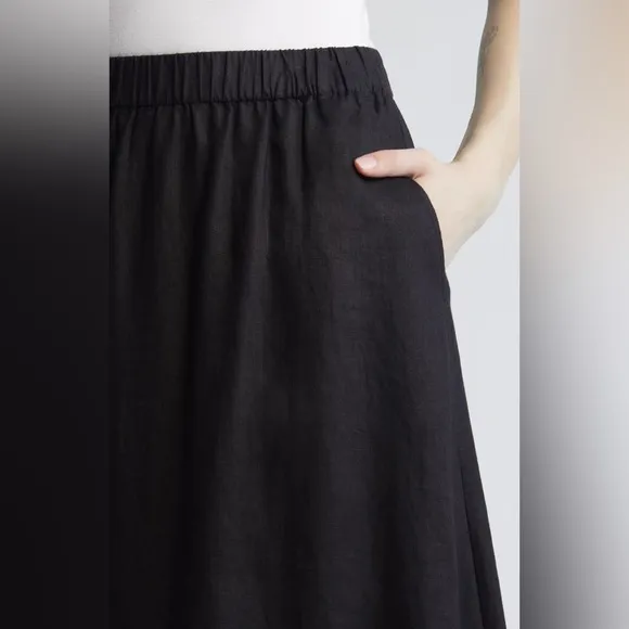 Eileen Fisher A-Line Organic Linen Midi Skirt Womens Size M Black