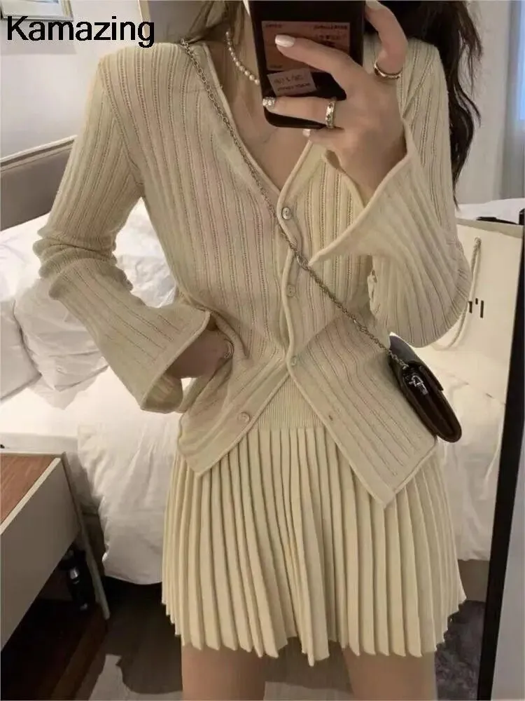 Elegant Pleated 2 Piece Skirt Set Slim Button Knitted Cardigan   High Waist Pleated Mini Skirt