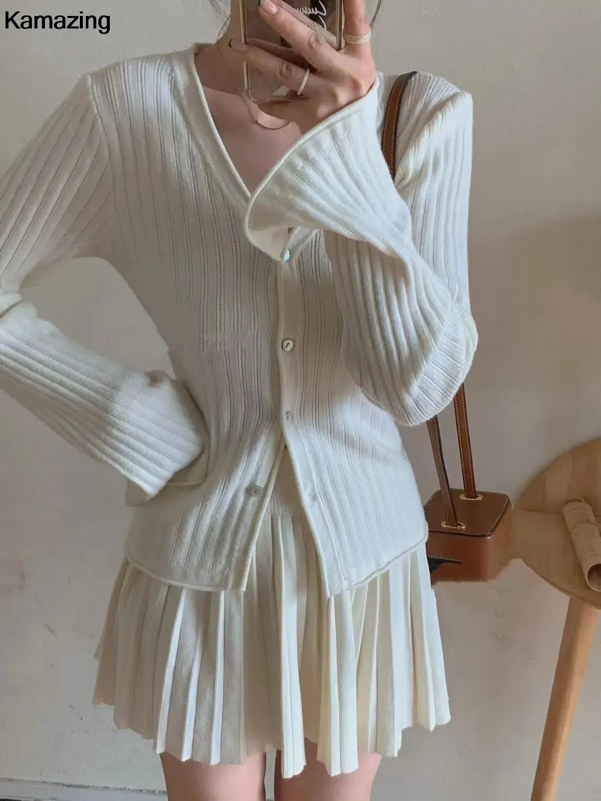 Elegant Pleated 2 Piece Skirt Set Slim Button Knitted Cardigan   High Waist Pleated Mini Skirt