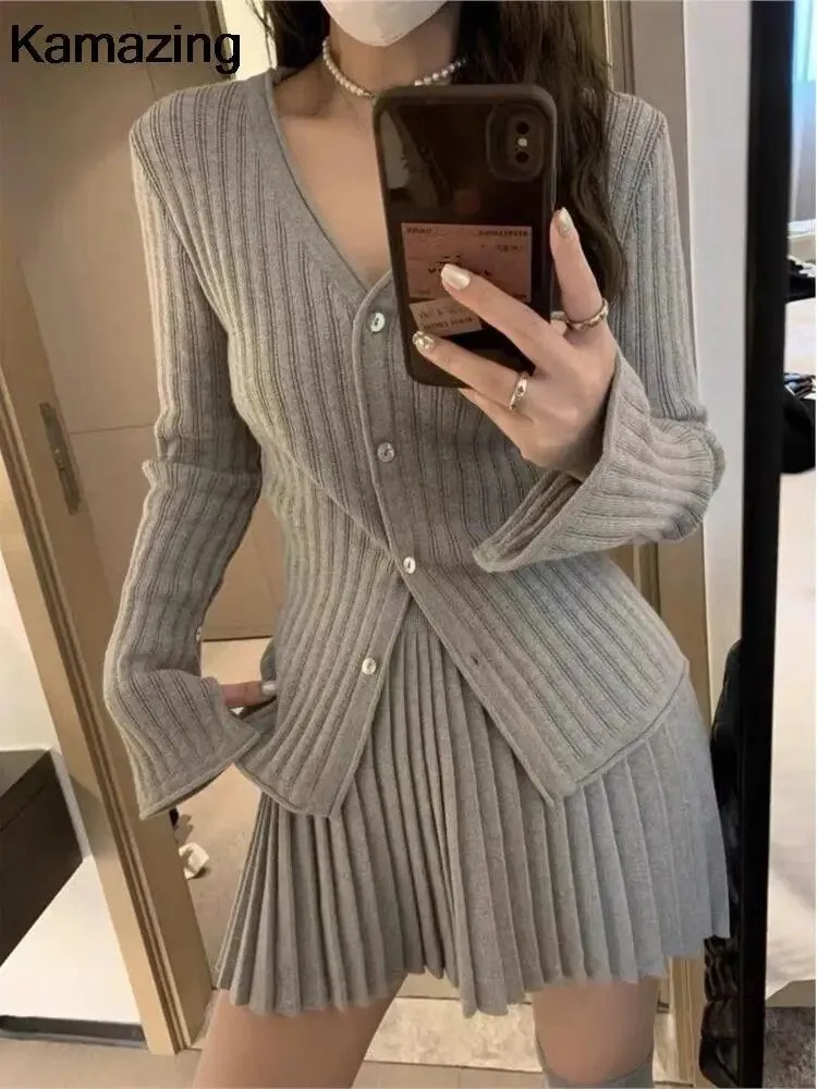 Elegant Pleated 2 Piece Skirt Set Slim Button Knitted Cardigan   High Waist Pleated Mini Skirt