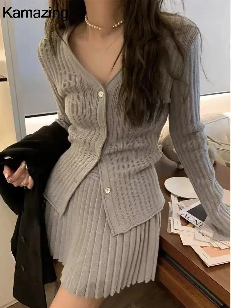 Elegant Pleated 2 Piece Skirt Set Slim Button Knitted Cardigan   High Waist Pleated Mini Skirt