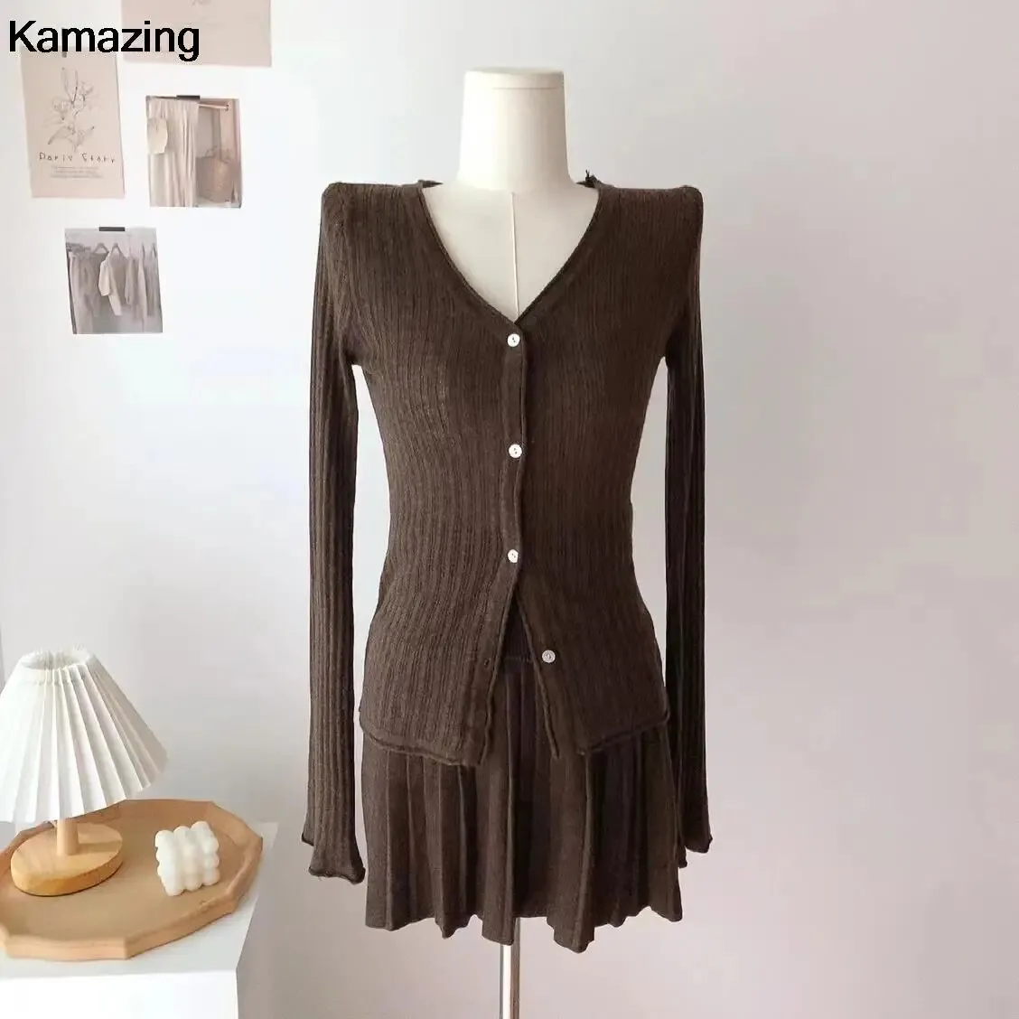 Elegant Pleated 2 Piece Skirt Set Slim Button Knitted Cardigan   High Waist Pleated Mini Skirt