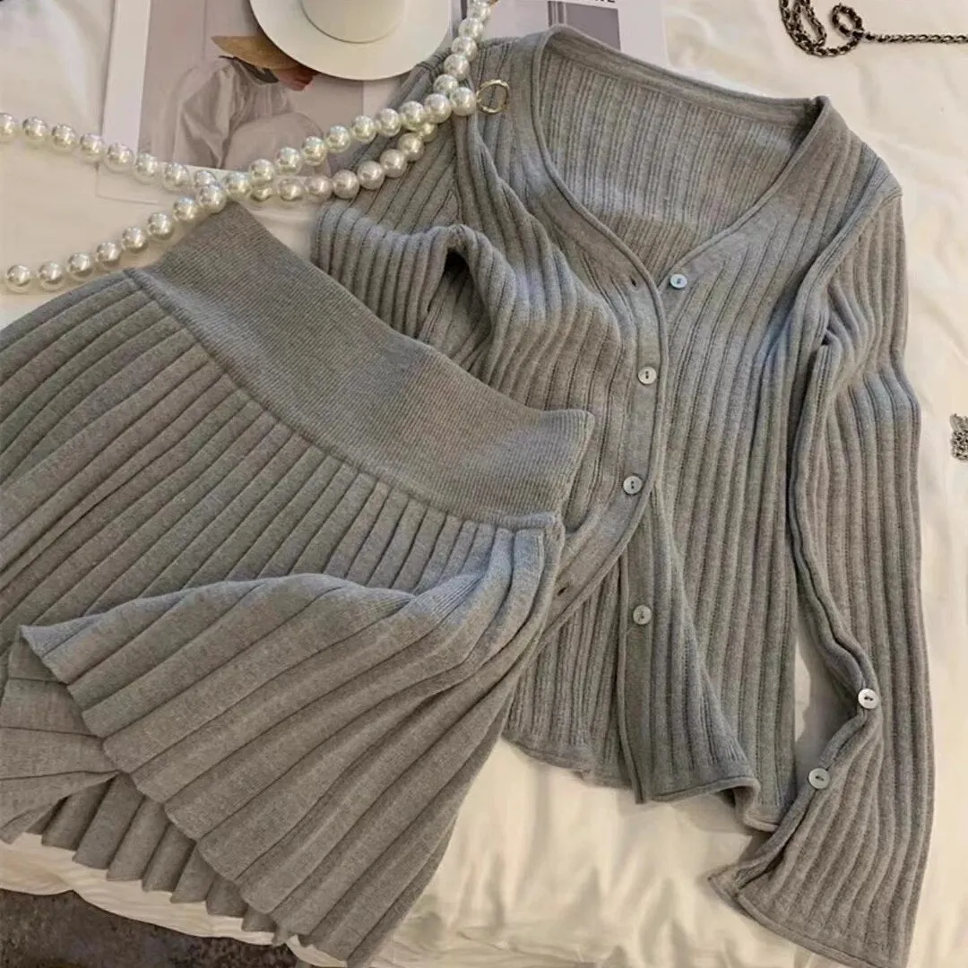 Elegant Pleated 2 Piece Skirt Set Slim Button Knitted Cardigan   High Waist Pleated Mini Skirt