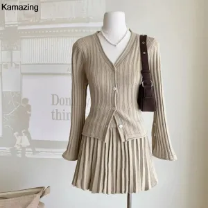 Elegant Pleated 2 Piece Skirt Set Slim Button Knitted Cardigan   High Waist Pleated Mini Skirt