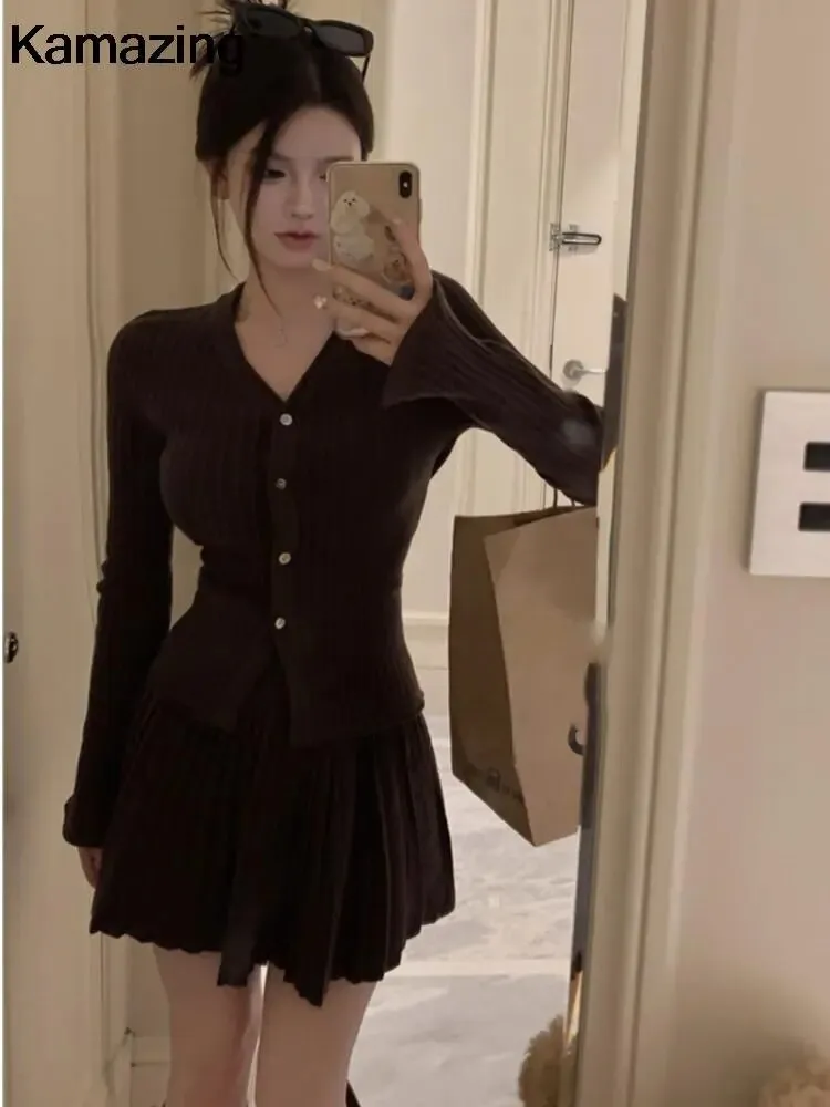 Elegant Pleated 2 Piece Skirt Set Slim Button Knitted Cardigan   High Waist Pleated Mini Skirt