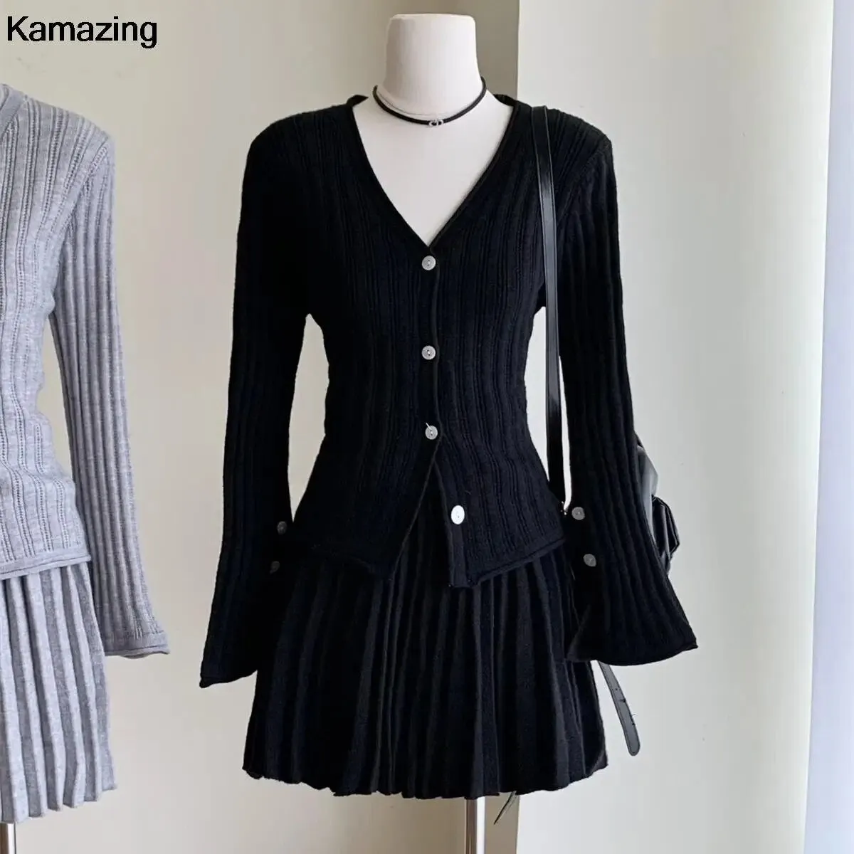 Elegant Pleated 2 Piece Skirt Set Slim Button Knitted Cardigan   High Waist Pleated Mini Skirt