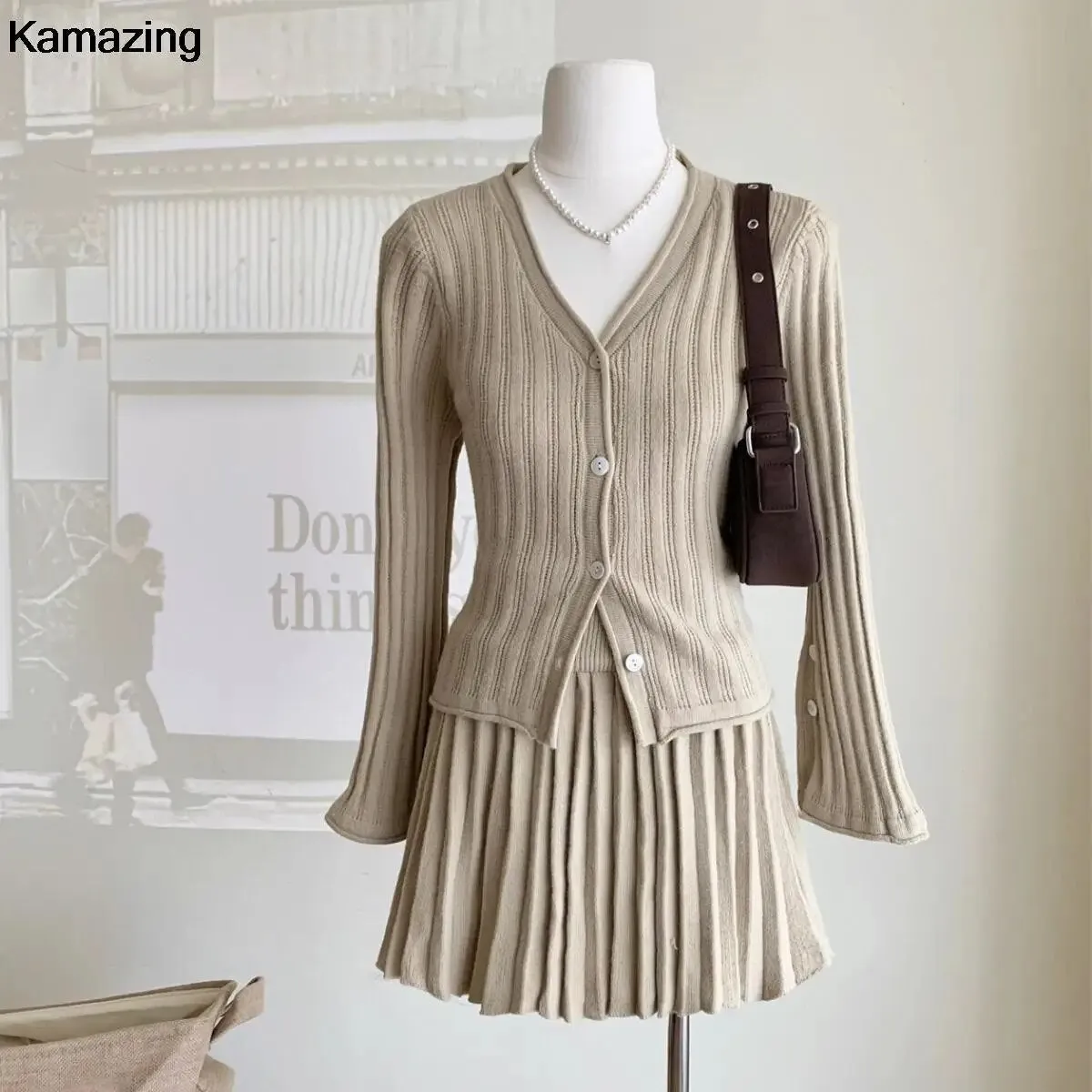 Elegant Pleated 2 Piece Skirt Set Slim Button Knitted Cardigan   High Waist Pleated Mini Skirt