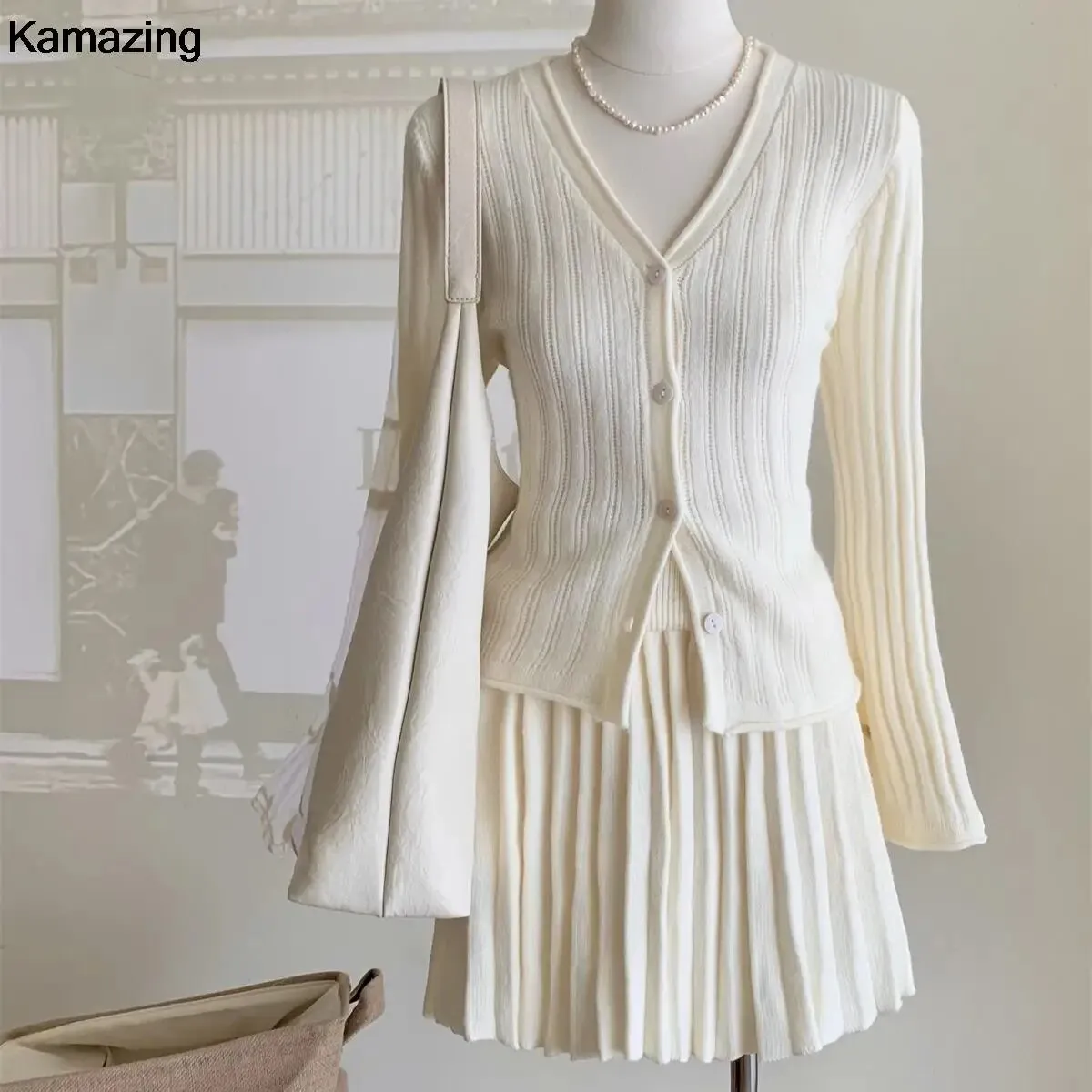 Elegant Pleated 2 Piece Skirt Set Slim Button Knitted Cardigan   High Waist Pleated Mini Skirt