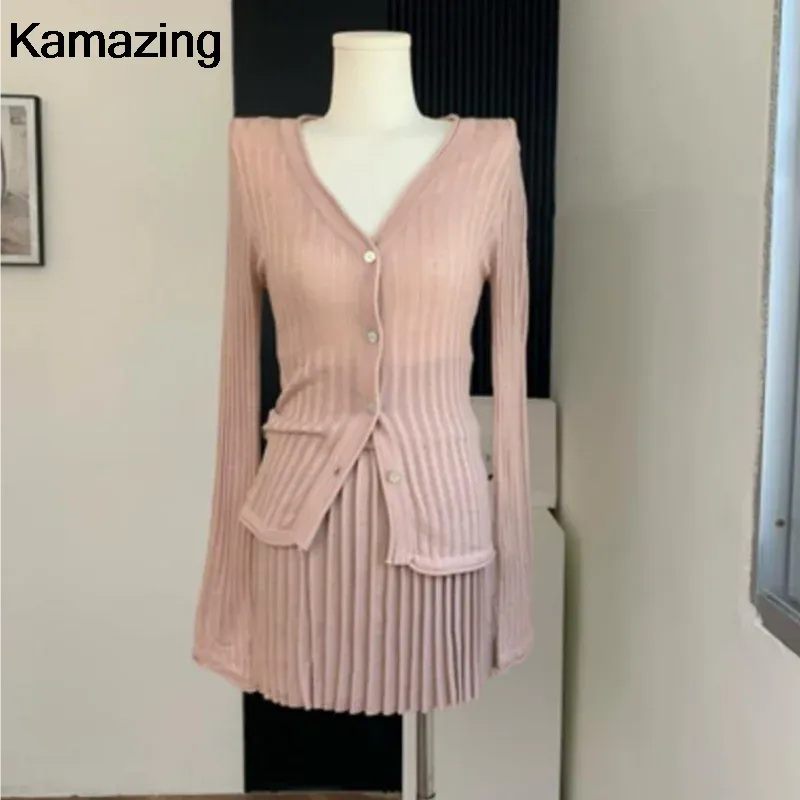 Elegant Pleated 2 Piece Skirt Set Slim Button Knitted Cardigan   High Waist Pleated Mini Skirt