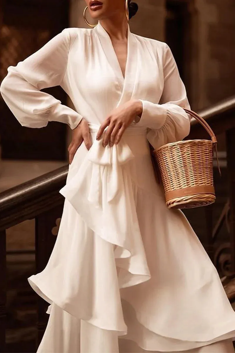 Elegant Simplicity Solid Flounce V Neck Irregular Dress Dresses