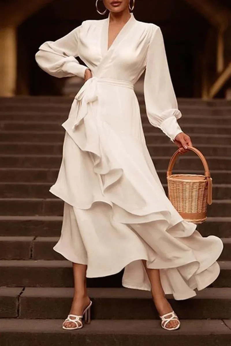 Elegant Simplicity Solid Flounce V Neck Irregular Dress Dresses