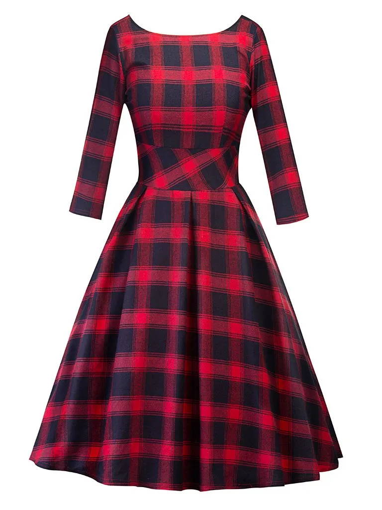 Elegent Low Back Crewneck Sleeveless Plaid Vintage Dress